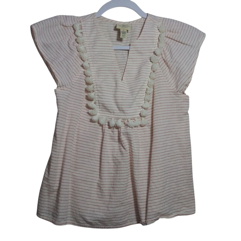 St Johns Bay Women's Striped Top with Pom Pom Detail Nautical Coastal Size XS
